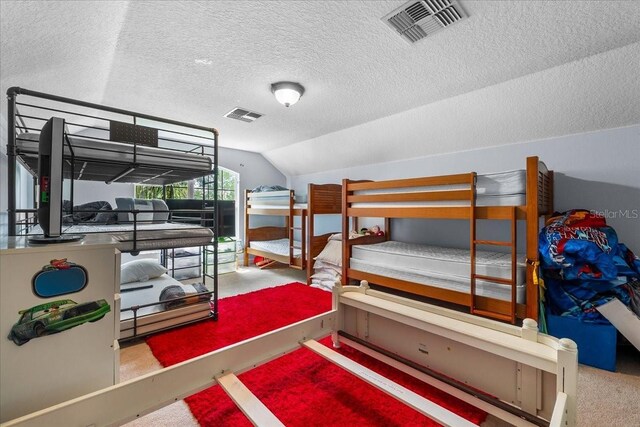 4013 Greystone Dr, Clermont, FL 34711 - bedroom with lofted ceiling, a textured ceiling, and carpet floors