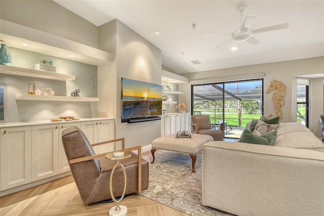 2103 Harbourside Dr Unit 1102, Longboat Key, FL 34228 - living room with ceiling fan, lofted ceiling, built in shelves, a sunroom, and recessed lighting
