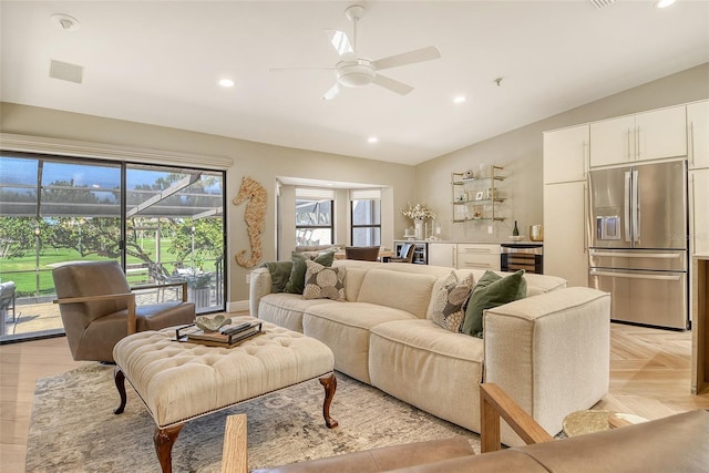 2103 Harbourside Dr Unit 1102, Longboat Key, FL 34228 - living area featuring lofted ceiling, recessed lighting, ceiling fan, and beverage cooler