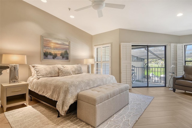 2103 Harbourside Dr Unit 1102, Longboat Key, FL 34228 - bedroom with vaulted ceiling, access to outside, recessed lighting, and ceiling fan