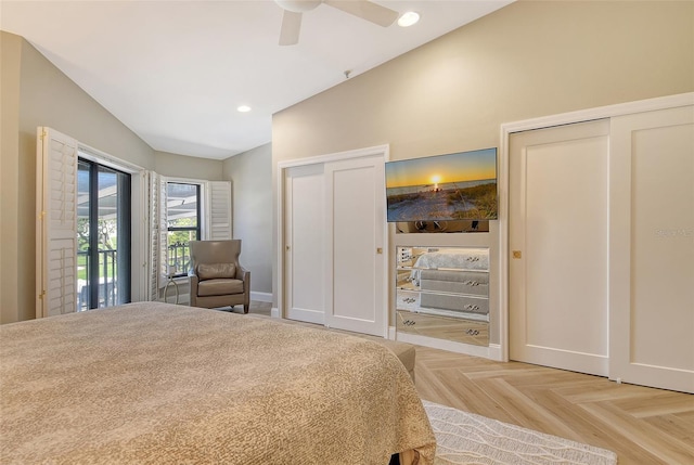 2103 Harbourside Dr Unit 1102, Longboat Key, FL 34228 - bedroom with two closets, vaulted ceiling, recessed lighting, ceiling fan, and access to exterior