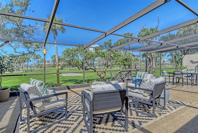 2103 Harbourside Dr Unit 1102, Longboat Key, FL 34228 - view of patio featuring an outdoor living space, view of golf course, and glass enclosure