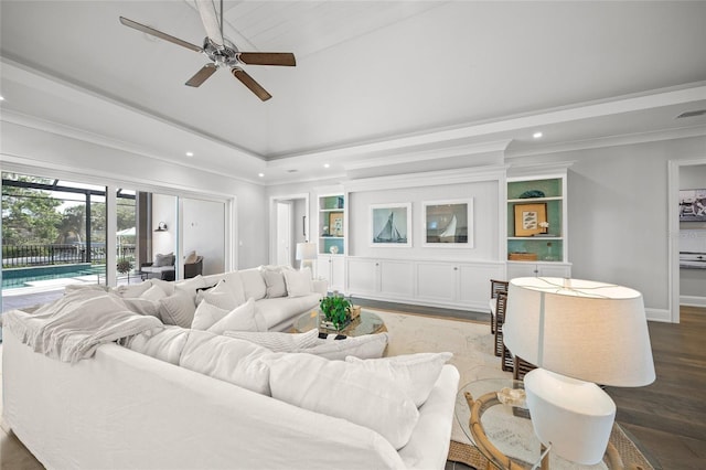 5569 Cape Leyte Dr, Sarasota, FL 34242 - living room featuring ceiling fan, wood finished floors, recessed lighting, and high vaulted ceiling