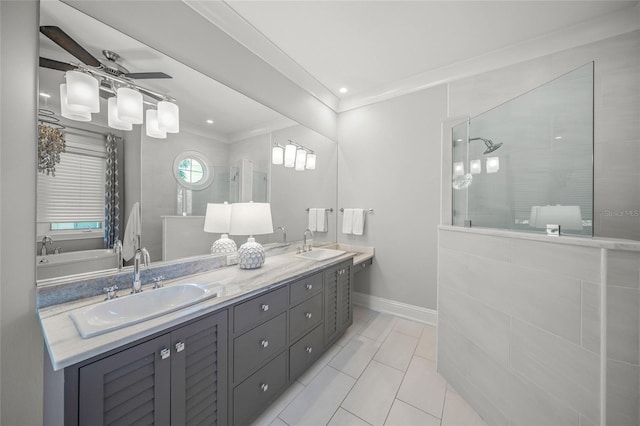 5569 Cape Leyte Dr, Sarasota, FL 34242 - bathroom featuring a walk in shower, double vanity, a bath, crown molding, and ceiling fan