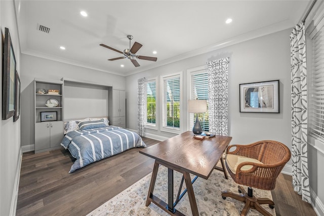 5569 Cape Leyte Dr, Sarasota, FL 34242 - bedroom with wood finished floors, recessed lighting, ornamental molding, ceiling fan, and a desk