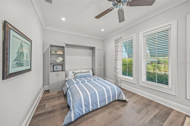5569 Cape Leyte Dr, Sarasota, FL 34242 - bedroom featuring wood finished floors, ornamental molding, a ceiling fan, and recessed lighting