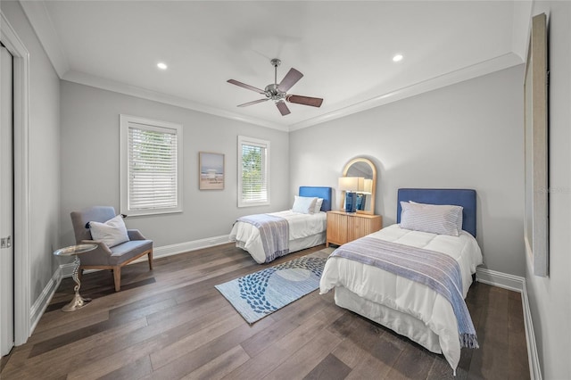 5569 Cape Leyte Dr, Sarasota, FL 34242 - bedroom featuring wood finished floors, ornamental molding, recessed lighting, and ceiling fan