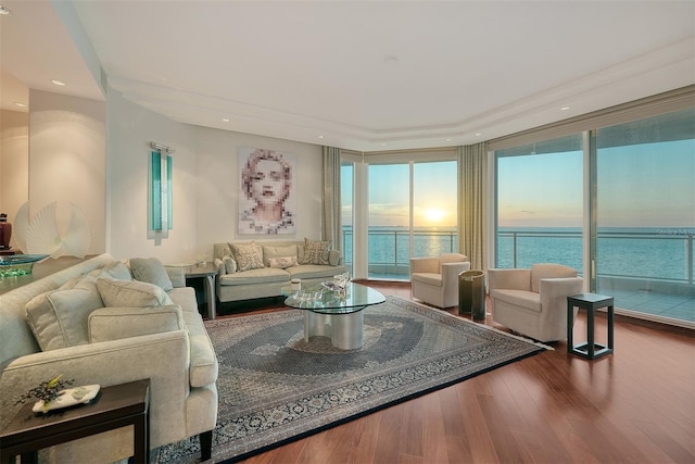 990 Blvd Of The Arts Unit 801, Sarasota, FL 34236 - living room featuring healthy amount of natural light, wood finished floors, a raised ceiling, a water view, and recessed lighting