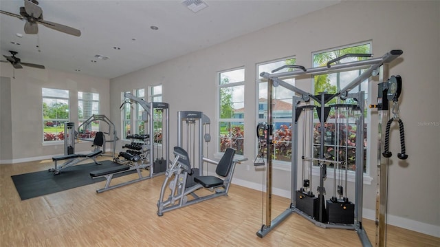 491 Daylily Blvd, Nokomis, FL 34275 - workout area with wood finished floors and ceiling fan