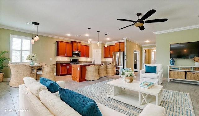 7364 47th Avenue Cir E, Bradenton, FL 34203 - living room with ceiling fan, light tile patterned flooring, ornamental molding, and recessed lighting