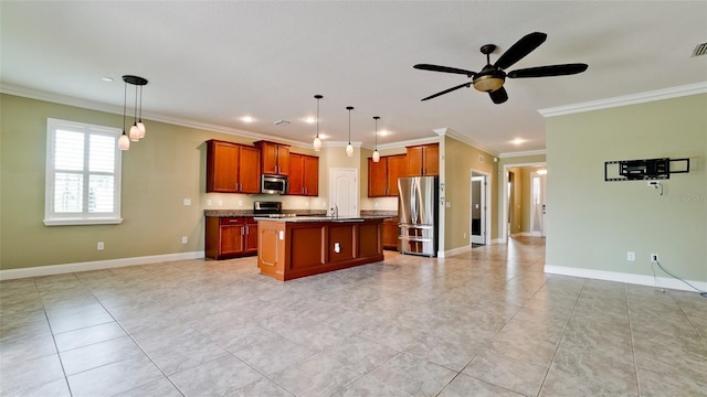 7364 47th Avenue Cir E, Bradenton, FL 34203 - kitchen with stainless steel appliances, open floor plan, ornamental molding, a ceiling fan, and an island with sink