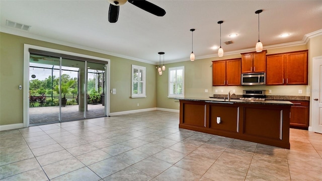 7364 47th Avenue Cir E, Bradenton, FL 34203 - kitchen with appliances with stainless steel finishes, a ceiling fan, ornamental molding, light tile patterned floors, and pendant lighting