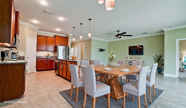 7364 47th Avenue Cir E, Bradenton, FL 34203 - dining area featuring ornamental molding, a ceiling fan, light tile patterned floors, and recessed lighting