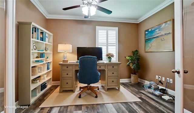7364 47th Avenue Cir E, Bradenton, FL 34203 - office with ceiling fan, wood finished floors, and ornamental molding