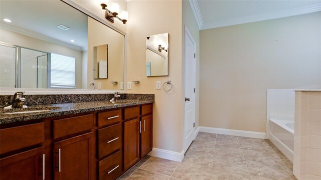 7364 47th Avenue Cir E, Bradenton, FL 34203 - full bathroom with ornamental molding, double vanity, a garden tub, tiled shower, and tile patterned flooring
