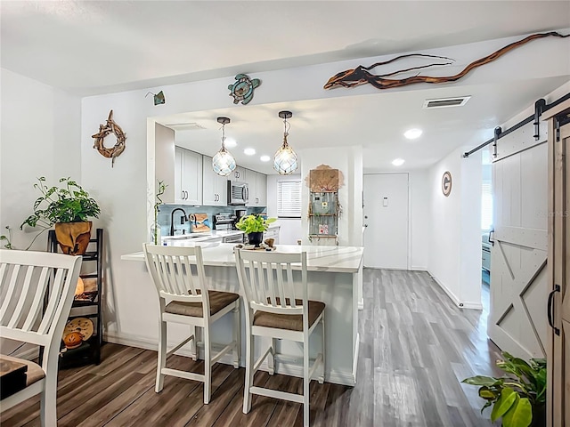 3700 S Osprey Ave Unit 122, Sarasota, FL 34239 - kitchen featuring appliances with stainless steel finishes, wood finished floors, a barn door, a peninsula, and healthy amount of natural light