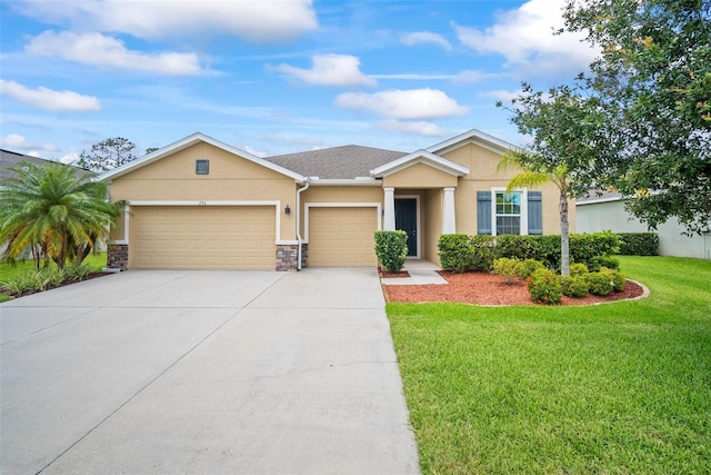 226 Tapa Parish Run, Bradenton, FL 34212 - single story home featuring stucco siding, a garage, a front yard, driveway, and stone siding