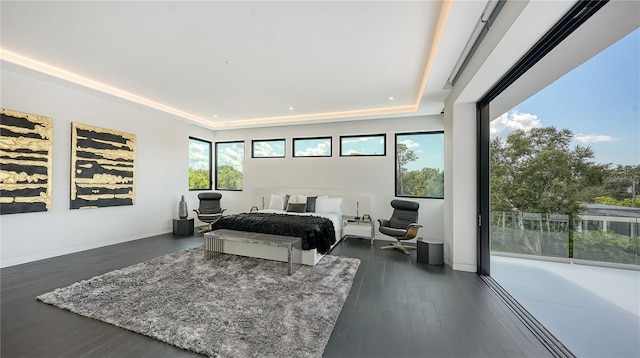 1610 N Lodge Dr, Sarasota, FL 34239 - bedroom with access to outside, a raised ceiling, dark wood-style flooring, and recessed lighting
