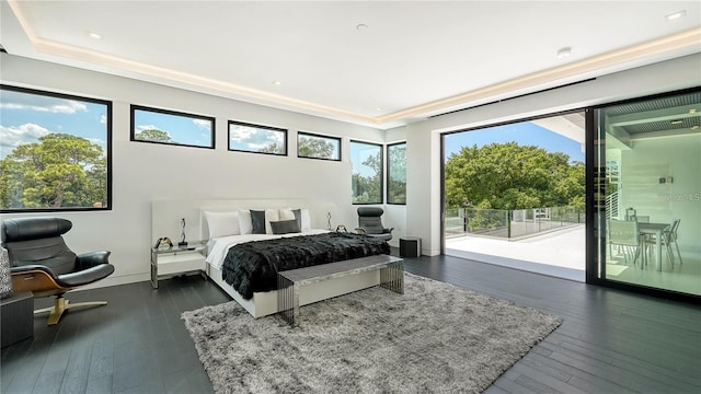 1610 N Lodge Dr, Sarasota, FL 34239 - bedroom with access to exterior, dark wood finished floors, a raised ceiling, and recessed lighting