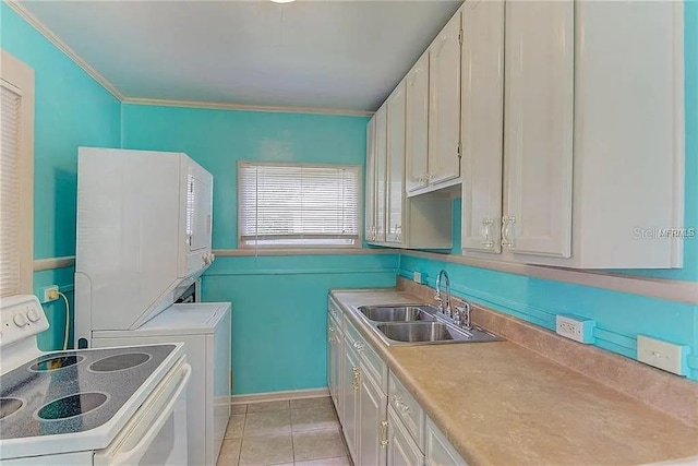 408 3rd Ave E Unit A, B & C, Bradenton, FL 34208 - laundry area featuring stacked washing machine and dryer, ornamental molding, and light tile patterned floors