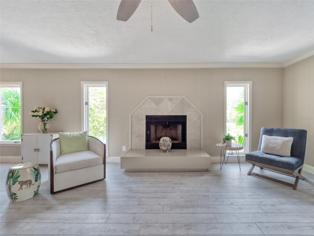 123 Tidy Island Blvd, Bradenton, FL 34210 - living area with wood finished floors, crown molding, plenty of natural light, a premium fireplace, and ceiling fan