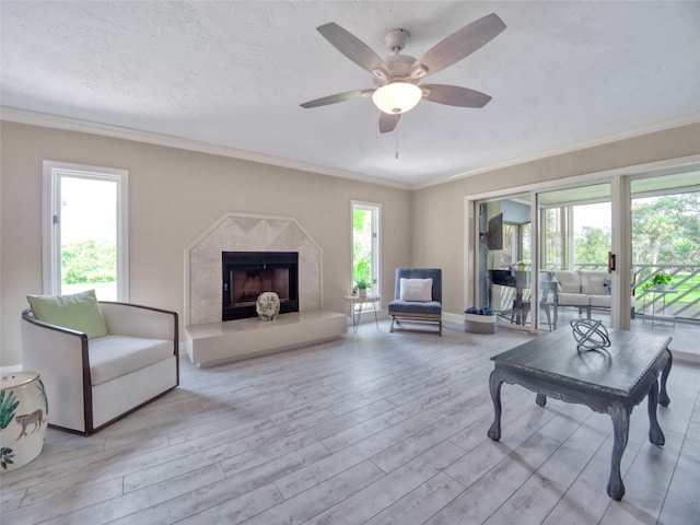 123 Tidy Island Blvd, Bradenton, FL 34210 - living room featuring wood finished floors, ornamental molding, a ceiling fan, and a high end fireplace
