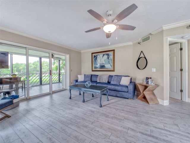 123 Tidy Island Blvd, Bradenton, FL 34210 - living area featuring wood finished floors, ornamental molding, and a ceiling fan