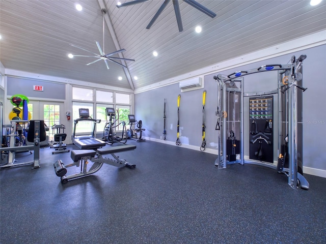 123 Tidy Island Blvd, Bradenton, FL 34210 - workout area featuring wooden ceiling, an AC wall unit, recessed lighting, ceiling fan, and lofted ceiling