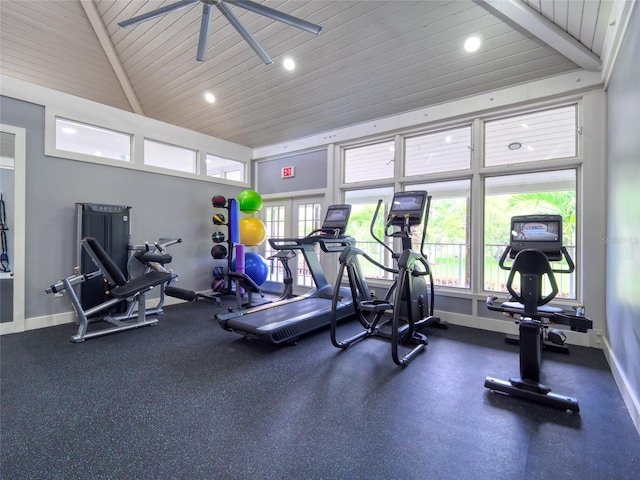 123 Tidy Island Blvd, Bradenton, FL 34210 - workout area featuring wood ceiling, recessed lighting, ceiling fan, and high vaulted ceiling