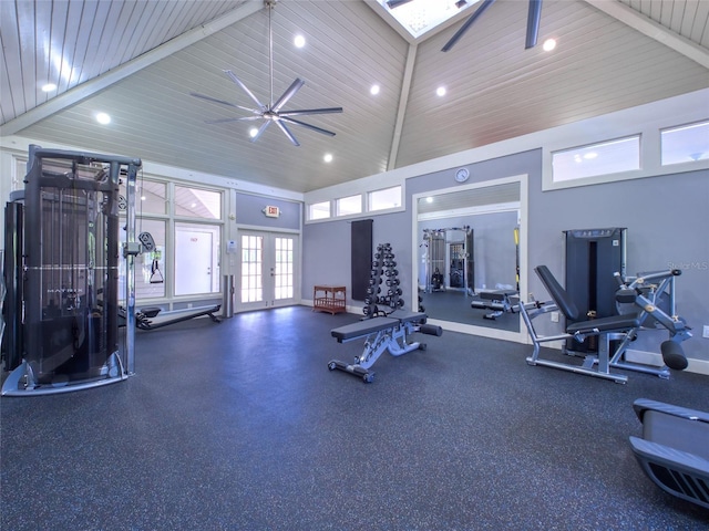 123 Tidy Island Blvd, Bradenton, FL 34210 - exercise room with french doors, recessed lighting, a skylight, high vaulted ceiling, and ceiling fan