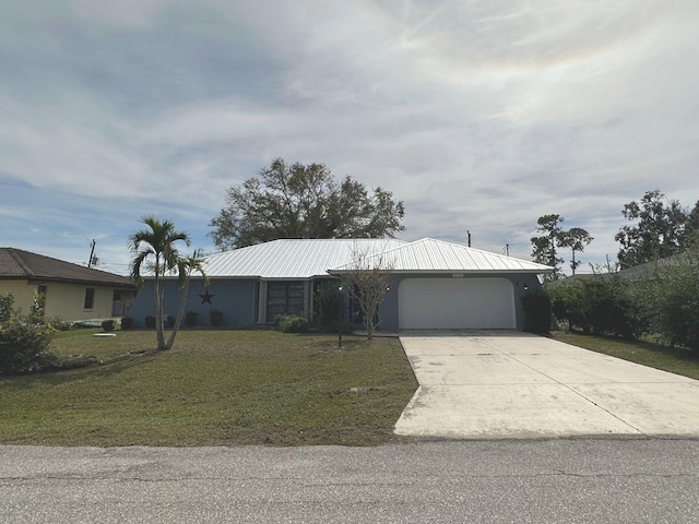 22321 Yonkers Ave, Port Charlotte, FL 33952 - ranch-style house featuring an attached garage, a front lawn, driveway, and a metal roof