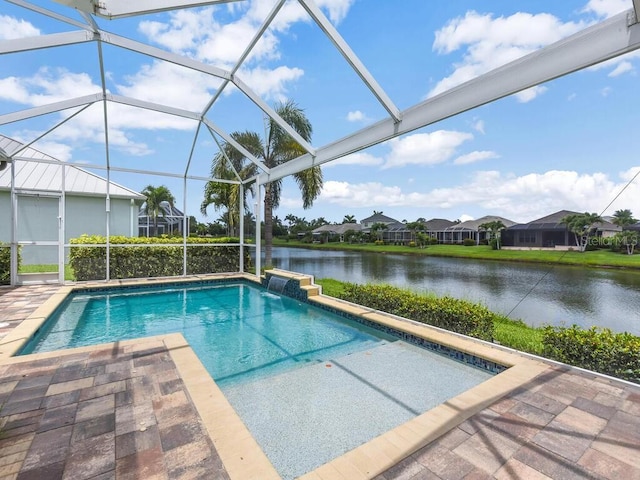 2749 Lambay Ct, Cape Coral, FL 33991 - outdoor pool featuring a water view, a patio, a residential view, and a lanai