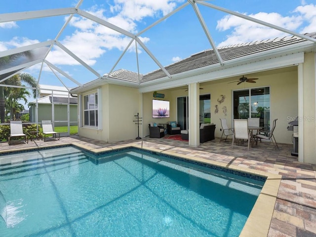 2749 Lambay Ct, Cape Coral, FL 33991 - swimming pool featuring an outdoor hangout area, a patio area, ceiling fan, and outdoor dining area