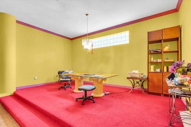4105 37th St E, Bradenton, FL 34208 - recreation room featuring ornamental molding, carpet, a desk, and a chandelier
