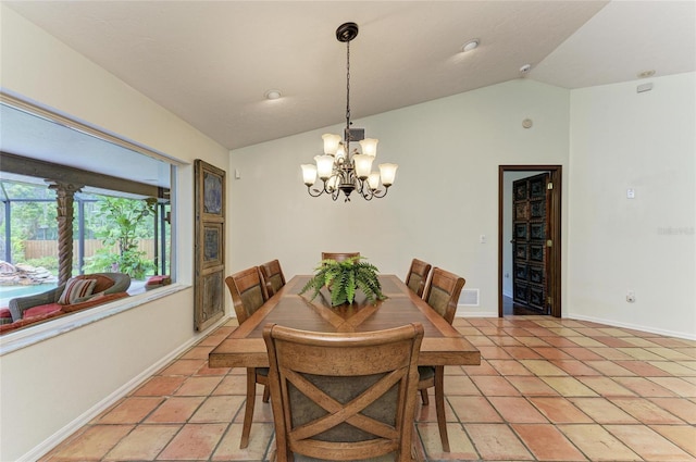 3217 Oak Grove Dr, Sarasota, FL 34243 - dining room featuring lofted ceiling and a chandelier