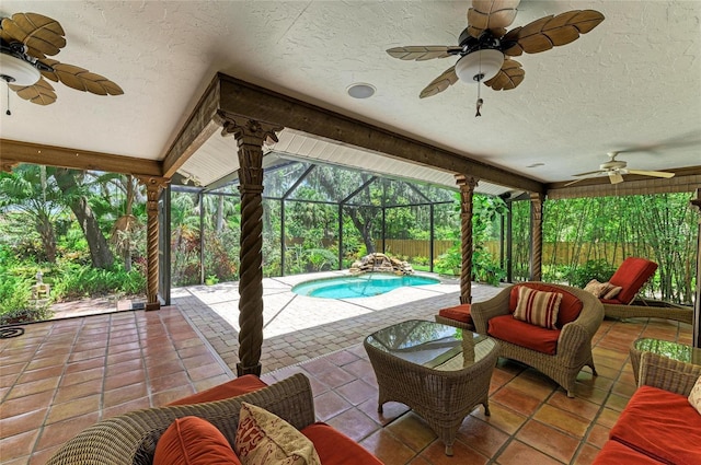 3217 Oak Grove Dr, Sarasota, FL 34243 - view of patio / terrace featuring ceiling fan, an outdoor pool, and a lanai