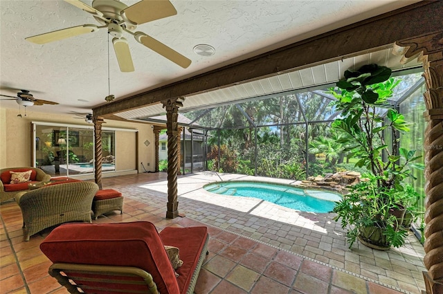 3217 Oak Grove Dr, Sarasota, FL 34243 - outdoor pool with ceiling fan, a hot tub, a patio, and outdoor lounge area