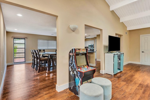 2315 Riverwood Pines Dr, Sarasota, FL 34231 - living area featuring wood finished floors, a ceiling fan, beam ceiling, and recessed lighting