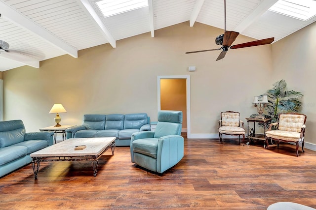 2315 Riverwood Pines Dr, Sarasota, FL 34231 - living area featuring wood finished floors, beam ceiling, ceiling fan, high vaulted ceiling, and a skylight