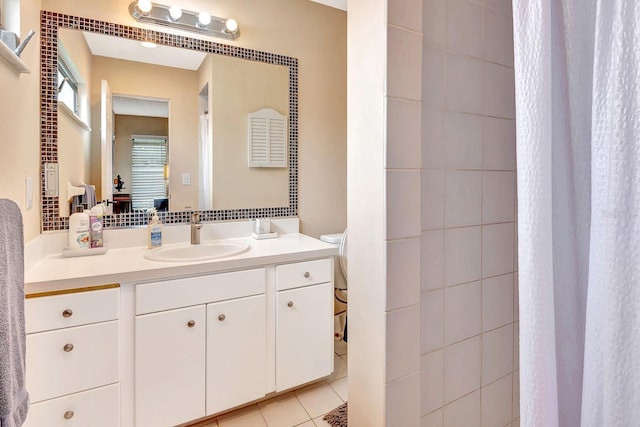 2315 Riverwood Pines Dr, Sarasota, FL 34231 - bathroom with vanity, a shower with curtain, and tile patterned flooring