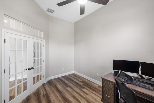 8840 Brookfield Ter, Bradenton, FL 34212 - unfurnished office with ceiling fan, french doors, and dark wood finished floors