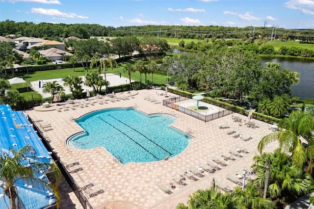8840 Brookfield Ter, Bradenton, FL 34212 - community pool with view of wooded area, a water view, and a patio area