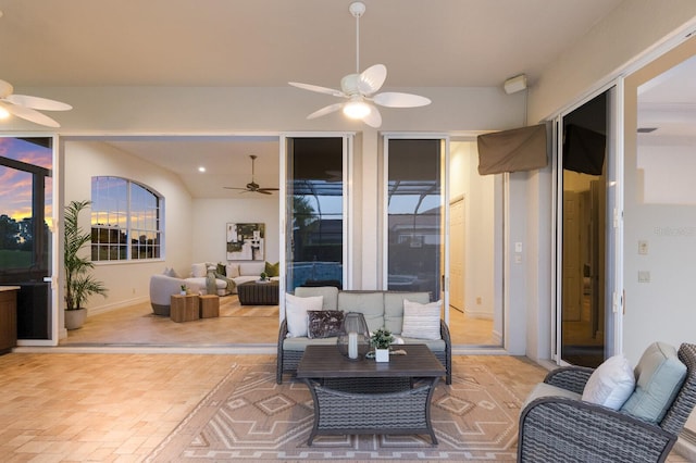 7144 Ashland Gln, Lakewood Ranch, FL 34202 - living room featuring a ceiling fan and recessed lighting