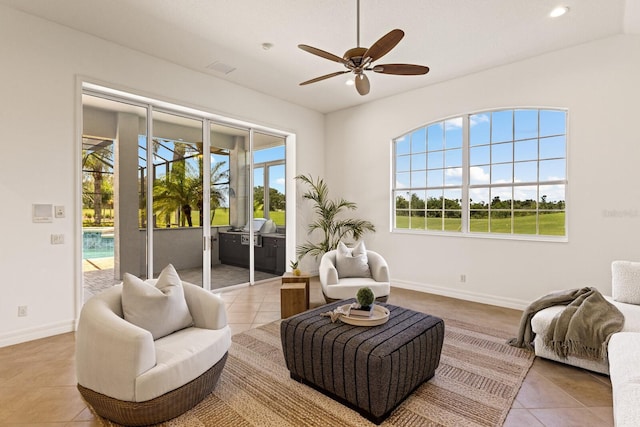 7144 Ashland Gln, Lakewood Ranch, FL 34202 - sitting room featuring ceiling fan, tile patterned flooring, and recessed lighting