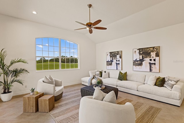 7144 Ashland Gln, Lakewood Ranch, FL 34202 - living area featuring vaulted ceiling, a ceiling fan, light tile patterned floors, and recessed lighting