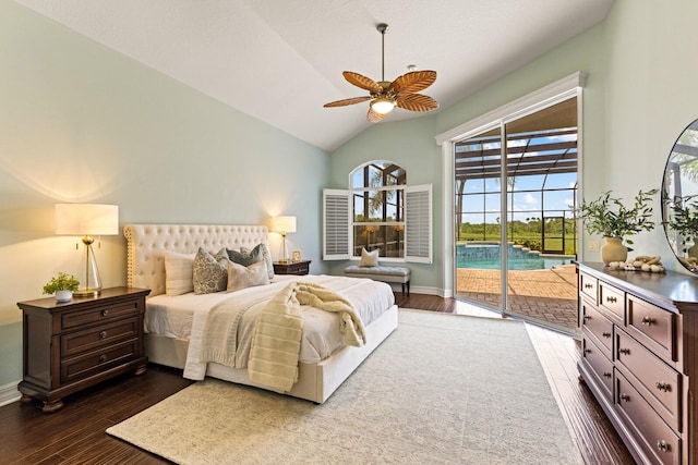 7144 Ashland Gln, Lakewood Ranch, FL 34202 - bedroom with access to exterior, dark wood finished floors, lofted ceiling, and a ceiling fan