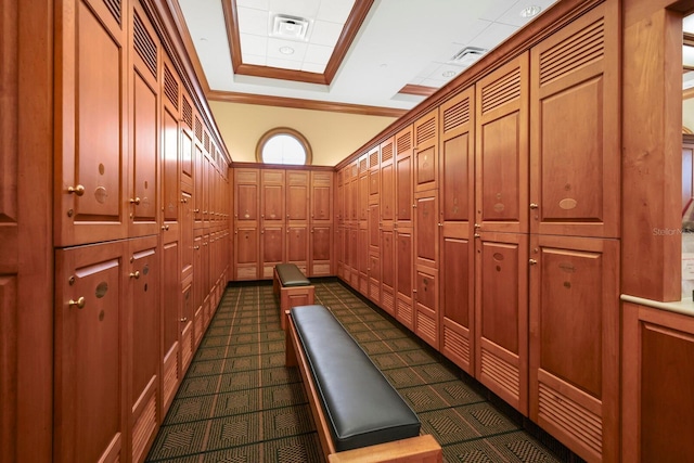 7144 Ashland Gln, Lakewood Ranch, FL 34202 - hallway featuring crown molding and dark carpet