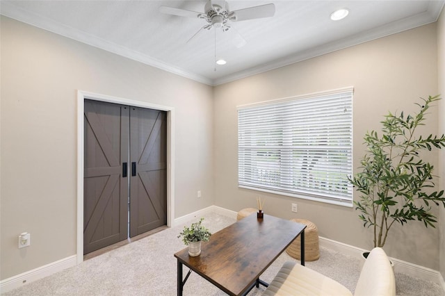 12261 Stuart Dr, Venice, FL 34293 - office area featuring a ceiling fan, carpet floors, ornamental molding, and recessed lighting