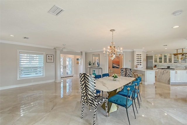 571 Birdie Ln, Longboat Key, FL 34228 - dining room featuring light marble finish flooring, crown molding, a chandelier, french doors, and recessed lighting