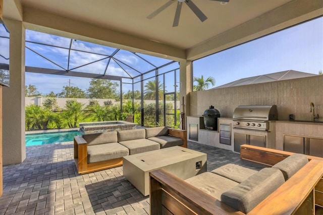 8209 Redonda Loop, Lakewood Ranch, FL 34202 - view of patio featuring area for grilling, an in-ground hot tub, ceiling fan, an outdoor pool, and glass enclosure